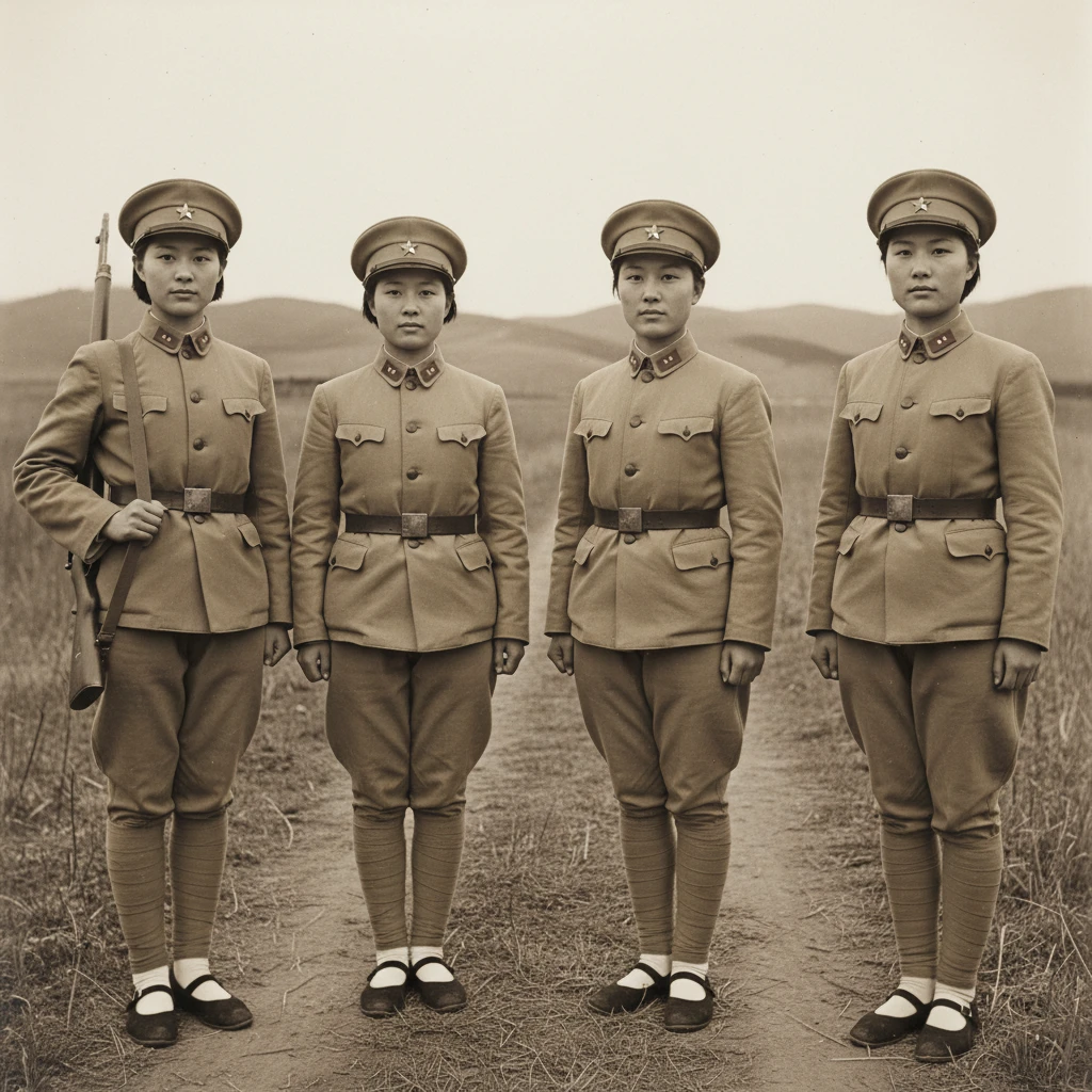 Chinese women soldiers in tan uniforms during wartime