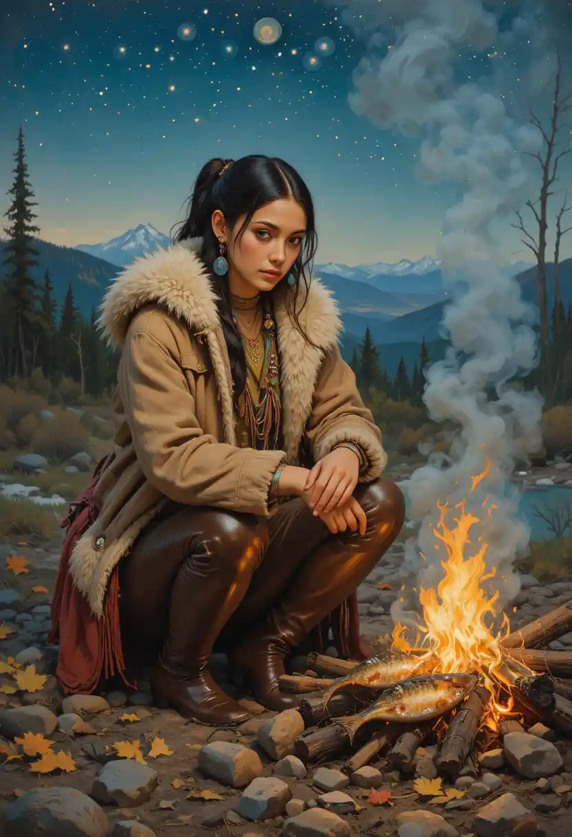 Native woman by a campfire under a starry autumn sky