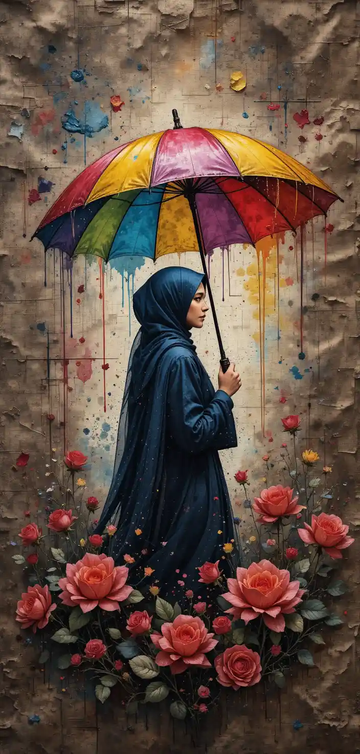 Woman in hijab under rainbow umbrella on textile tapestry