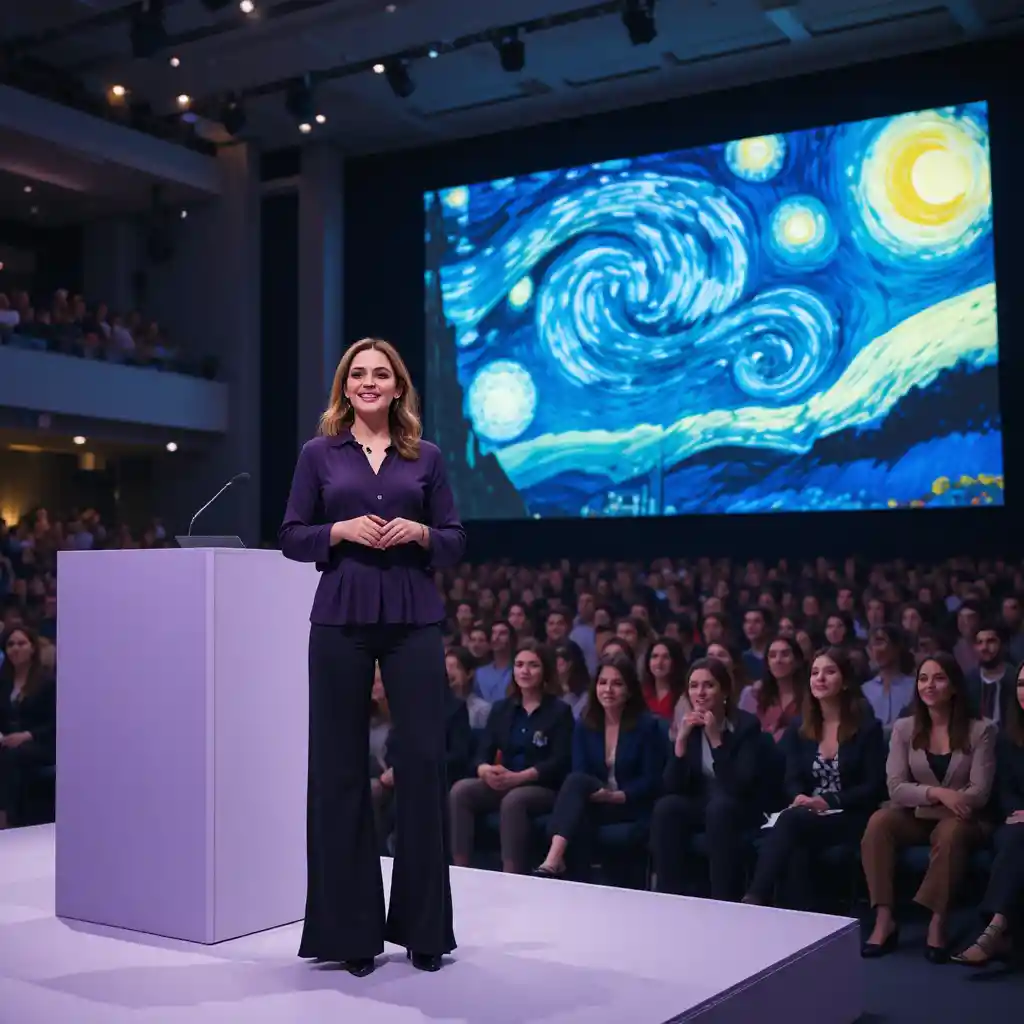 Woman speaking on stage before audience in large auditorium