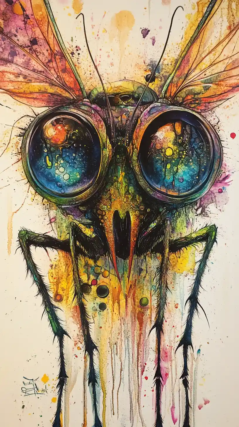 Surreal insect creature with hypnotic eyes in dreamlike colors