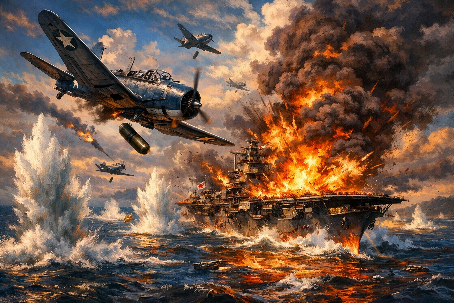 Sturzkampfbomber greifen einen japanischen Flugzeugträger in einem feurigen Gefecht an