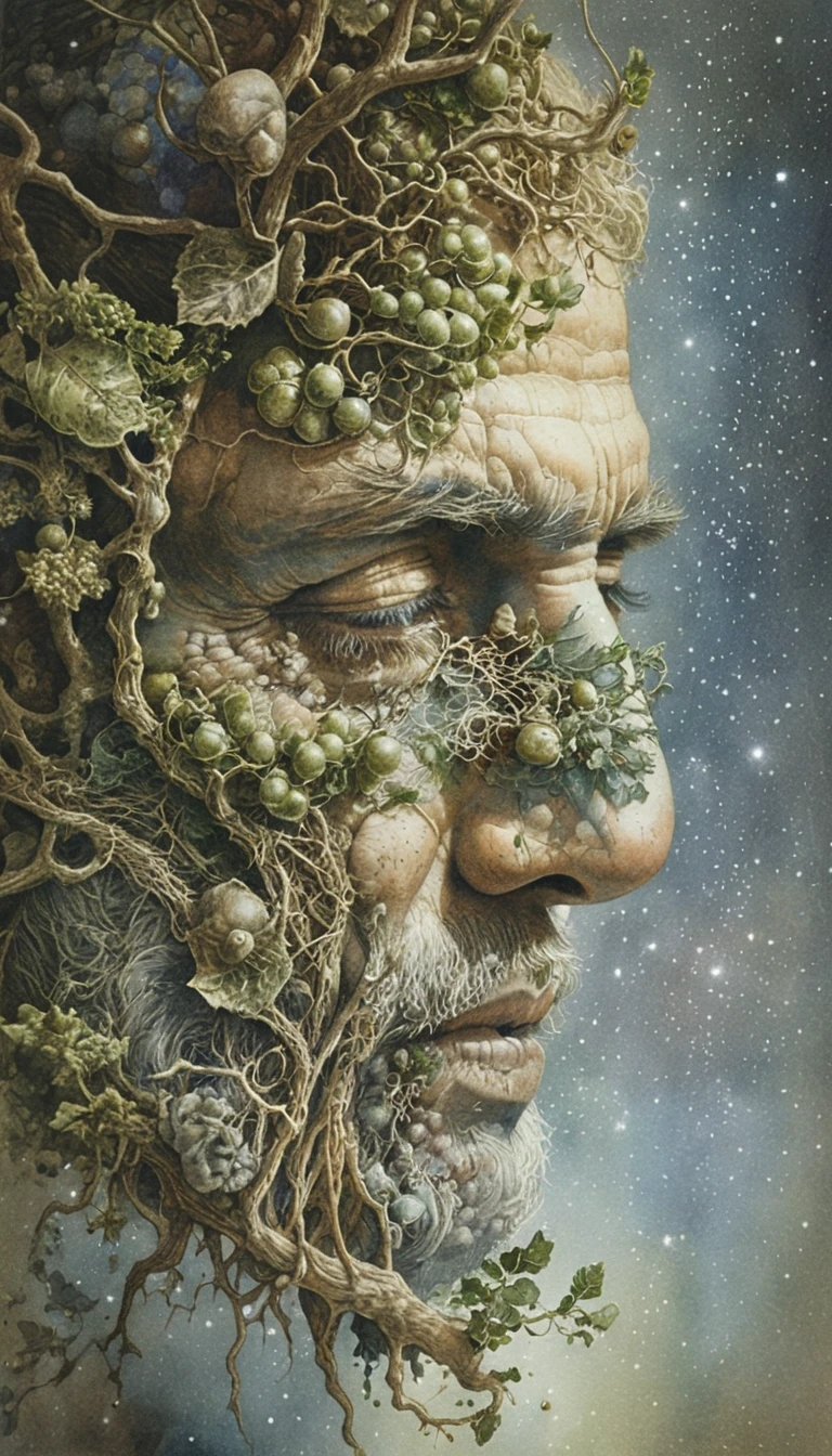 Perfil surreal de anciano entrelazado con exuberante hiedra verde