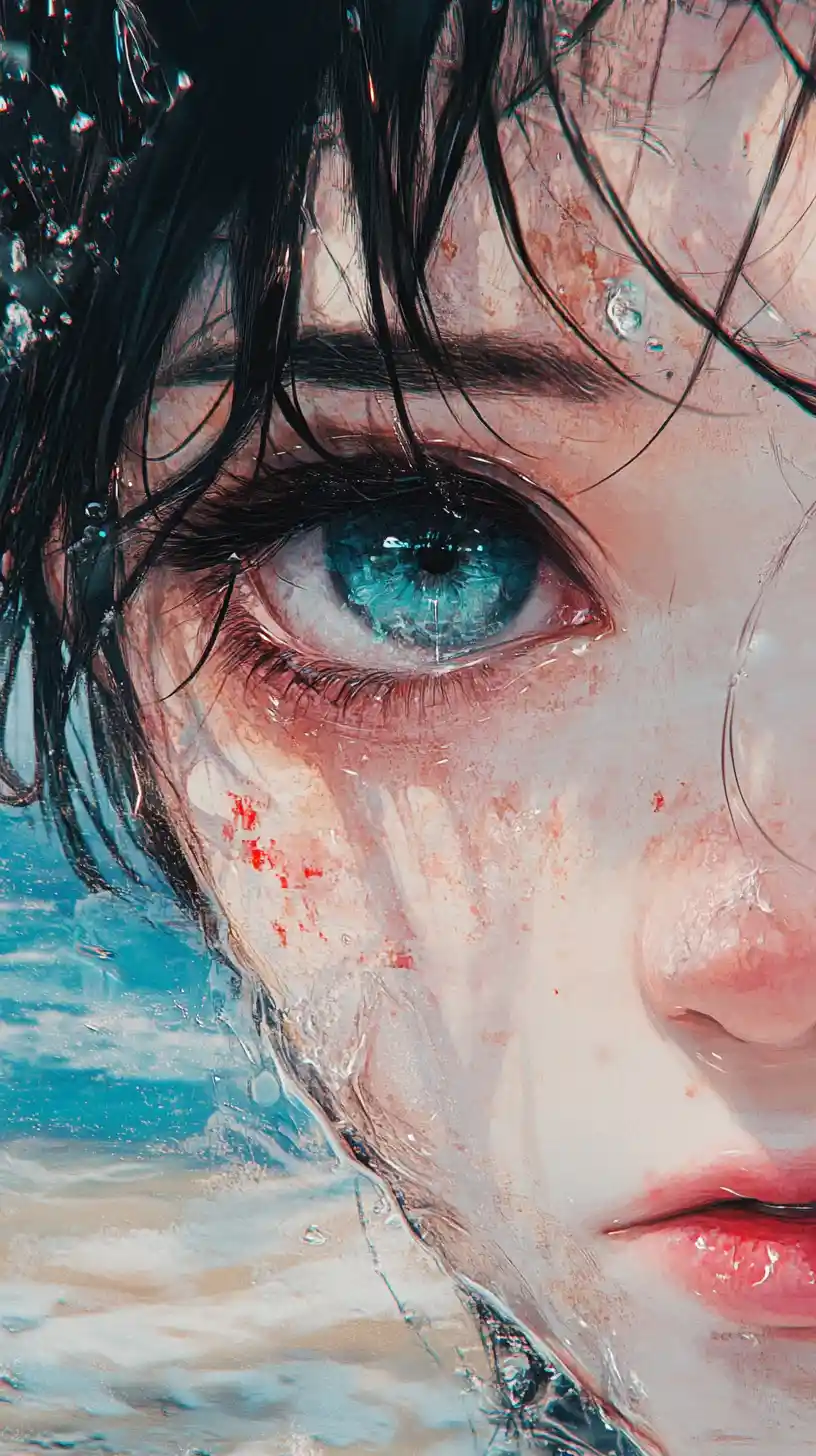 Crying young woman with anime features in close up portrait