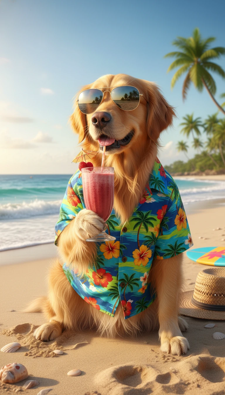 Golden retriever relaxing on a sunny summer beach