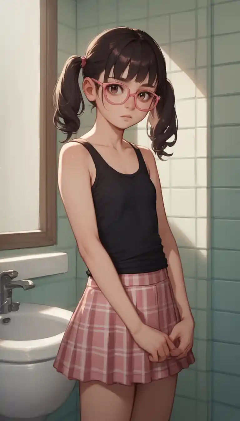 Young girl in casual outfit in a modern bathroom