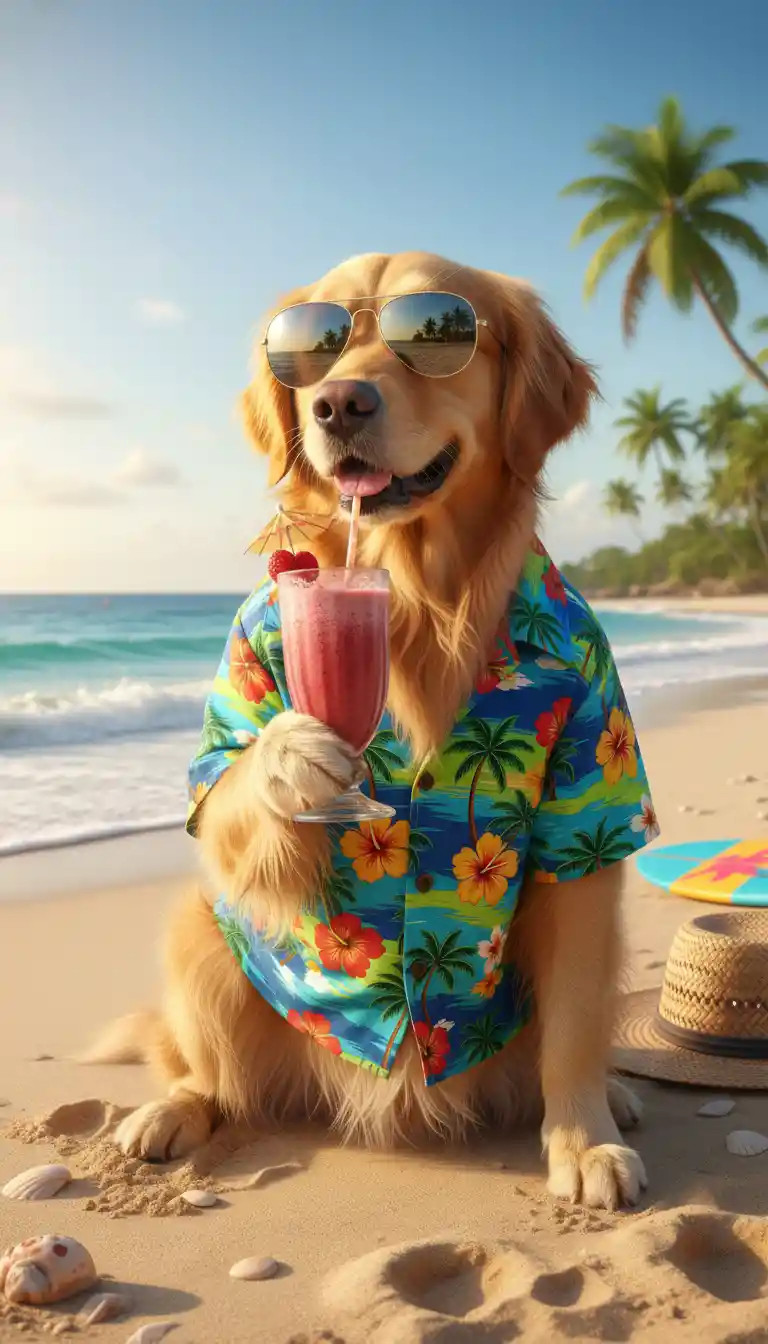 Golden retriever relaxing on a sunny summer beach