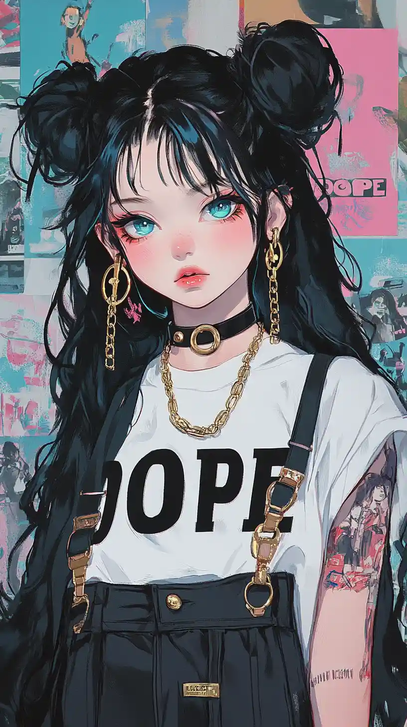 Süßes Anime-Mädchen in Punk-Latzhose mit Postercollage