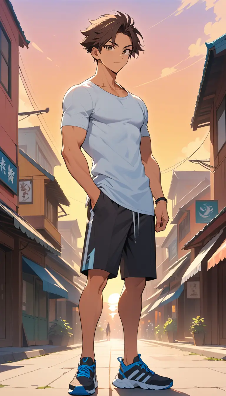 Hombre de anime confiado de pie al aire libre al atardecer dorado
