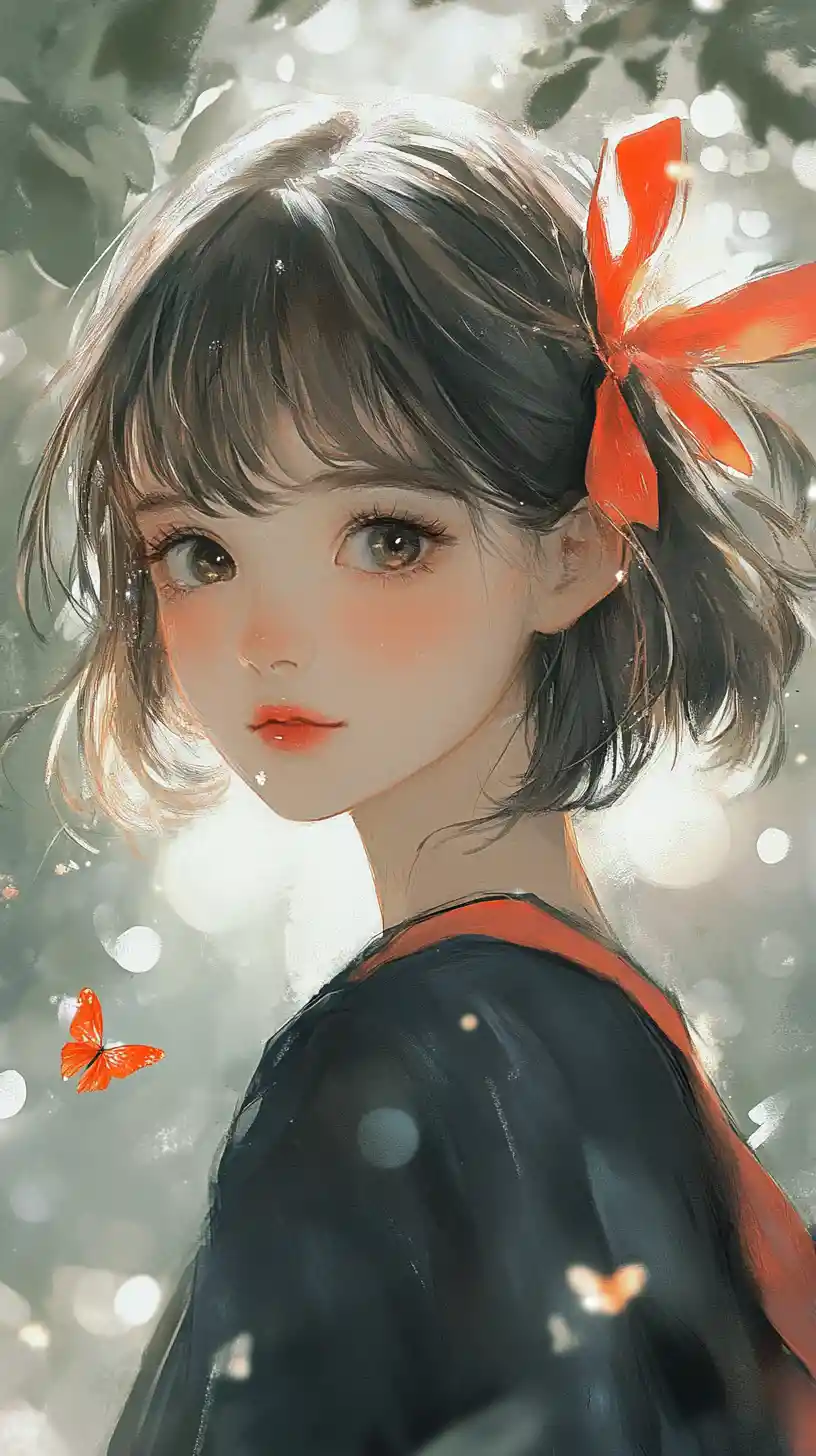 紅色緞帶與蝴蝶的水彩少女肖像