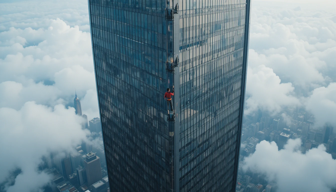 Free solo climber scaling the glass face of Taipei 101