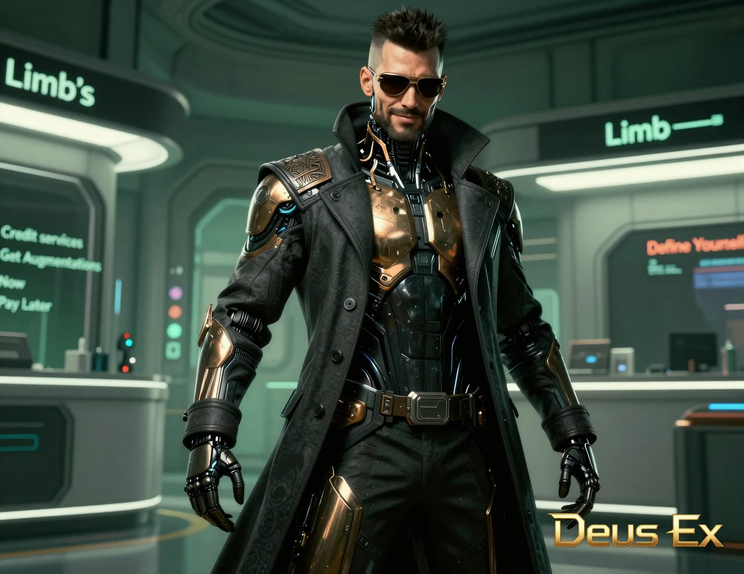 Augmented detective standing in a futuristic clinic lobby