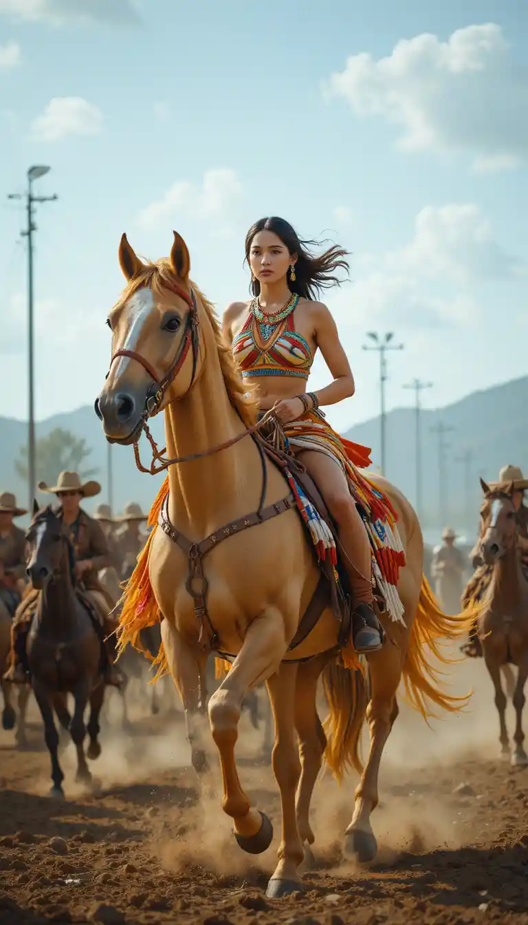Indigenous woman racing on a powerful horse in motion