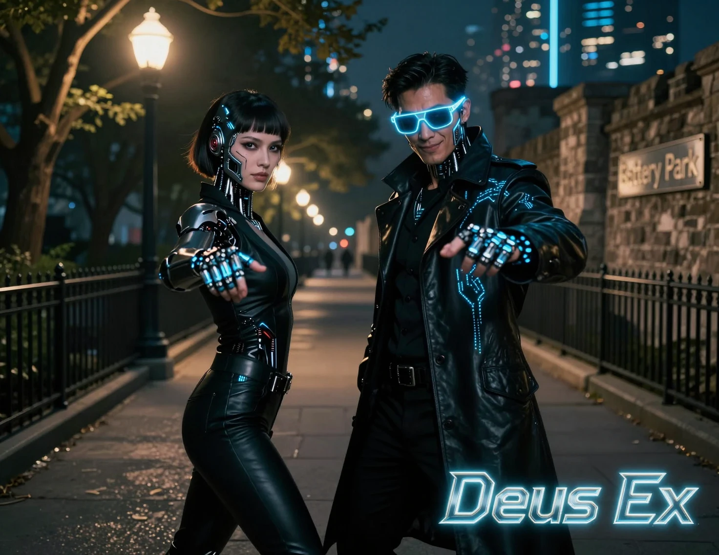 Partner cyborg cyberpunk su un percorso cittadino al neon