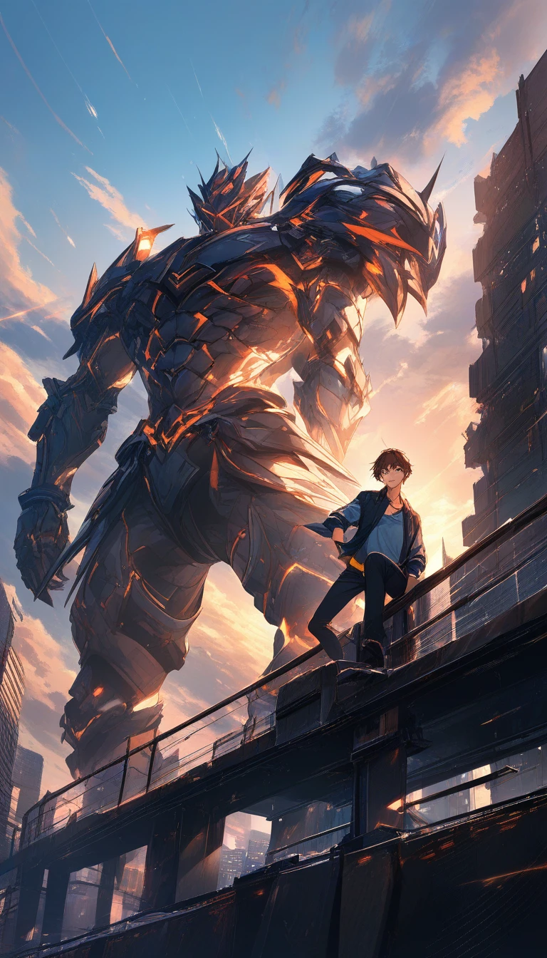 Homem de anime confiante em pé na luz quente do pôr do sol