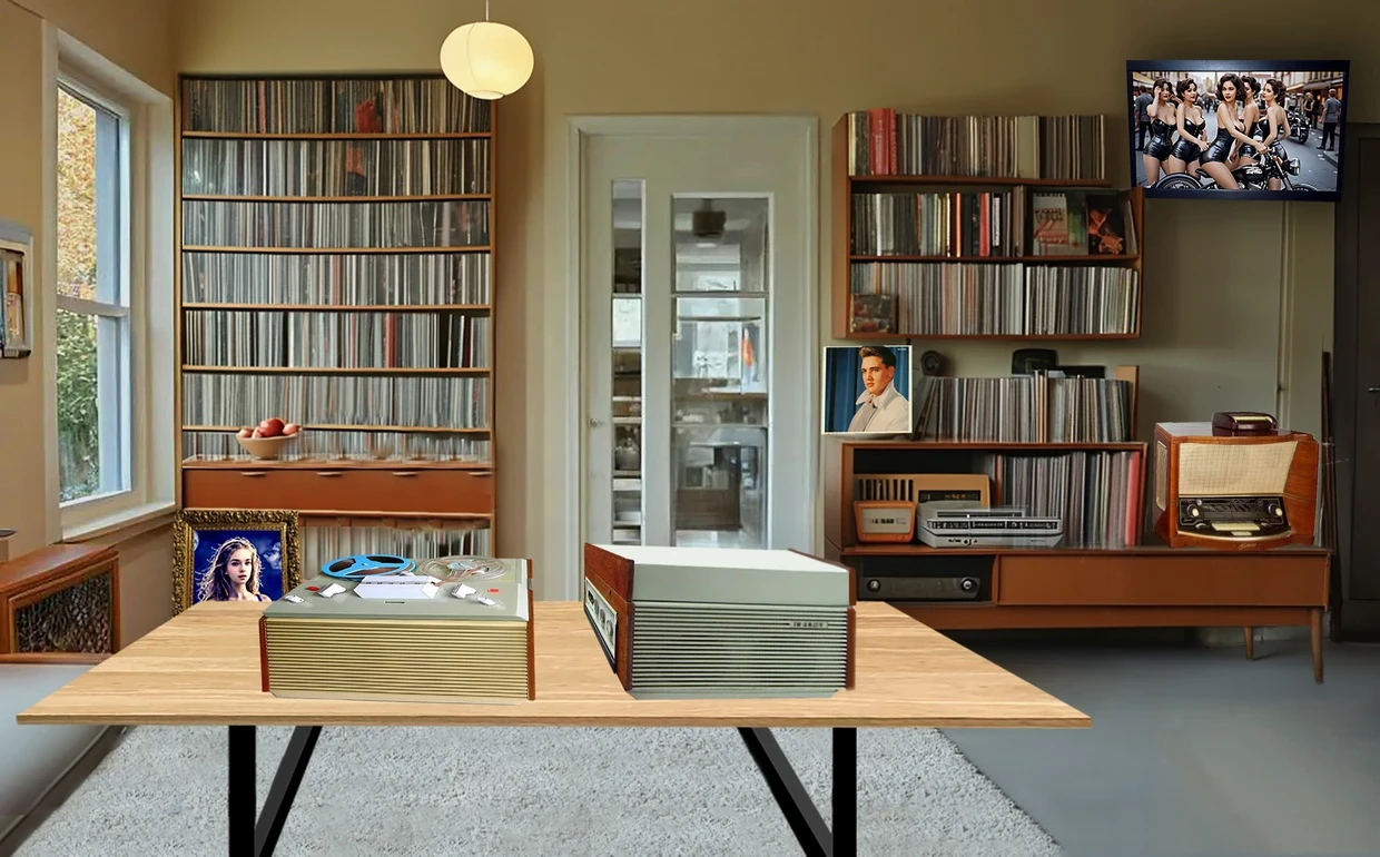 Mid-Century-Wohnzimmer mit Schallplatten und Plattenspielern
