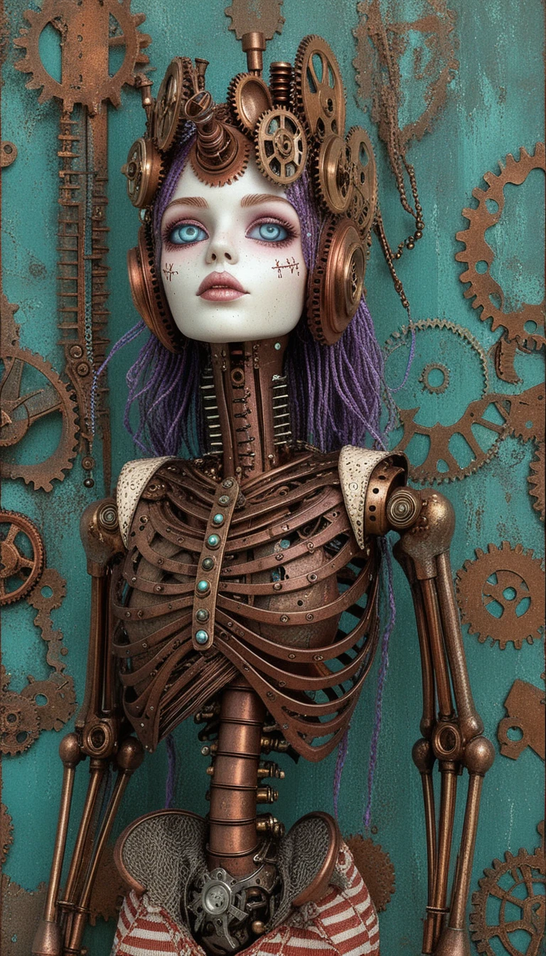 Steampunk gothic ragdoll in profile with mechanical details