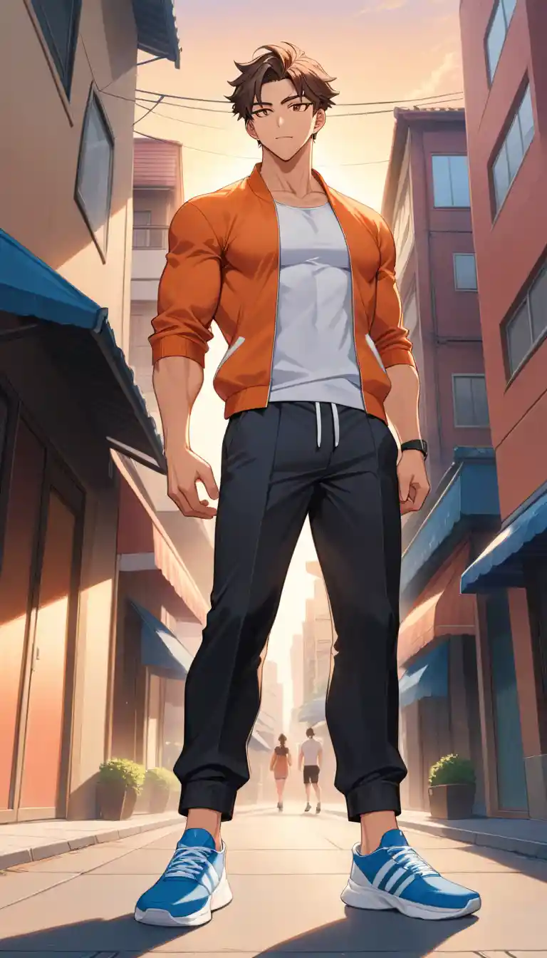 Athletic anime man standing in warm sunset light