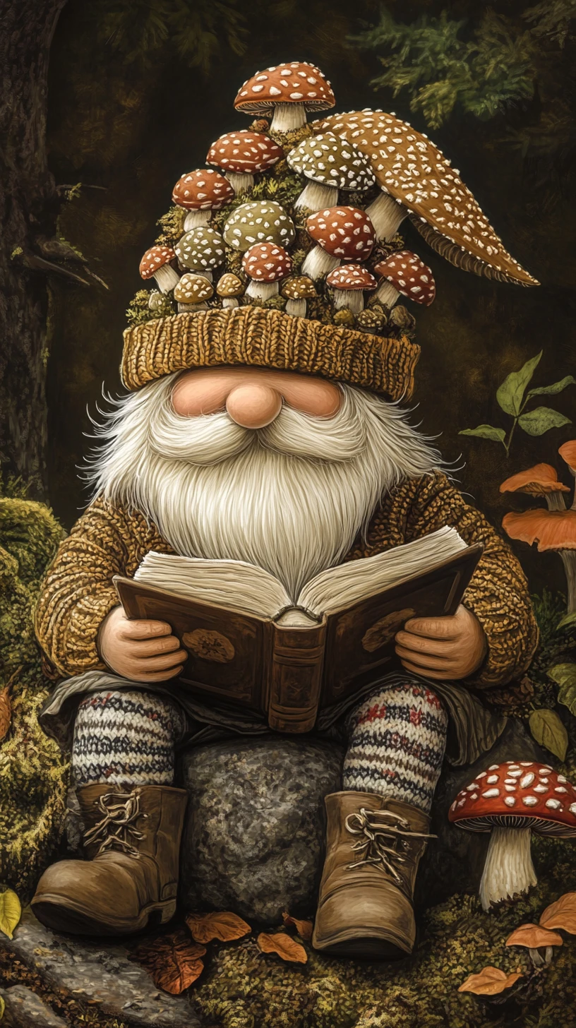 Forest gnome reading on a rock in magical woodland