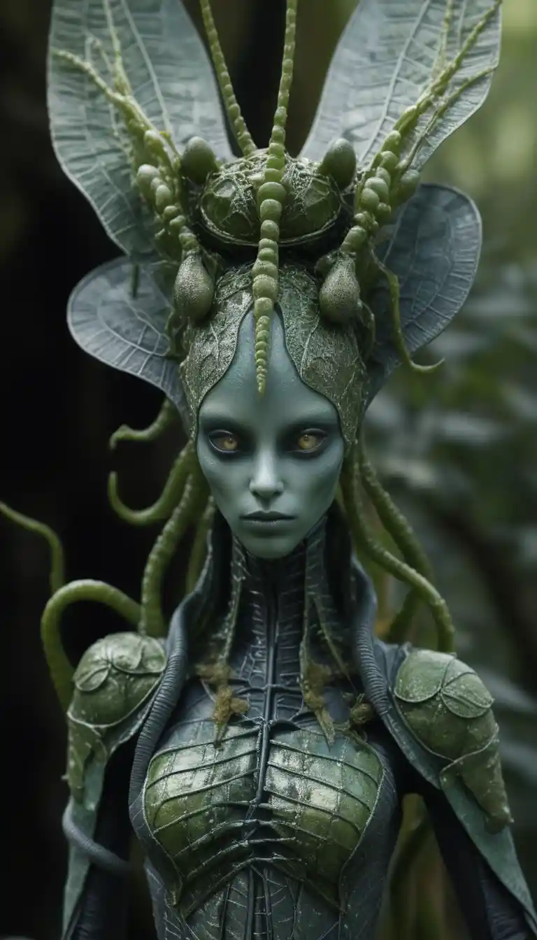 Alien insectoid fantasy woman in organic biomechanical armor