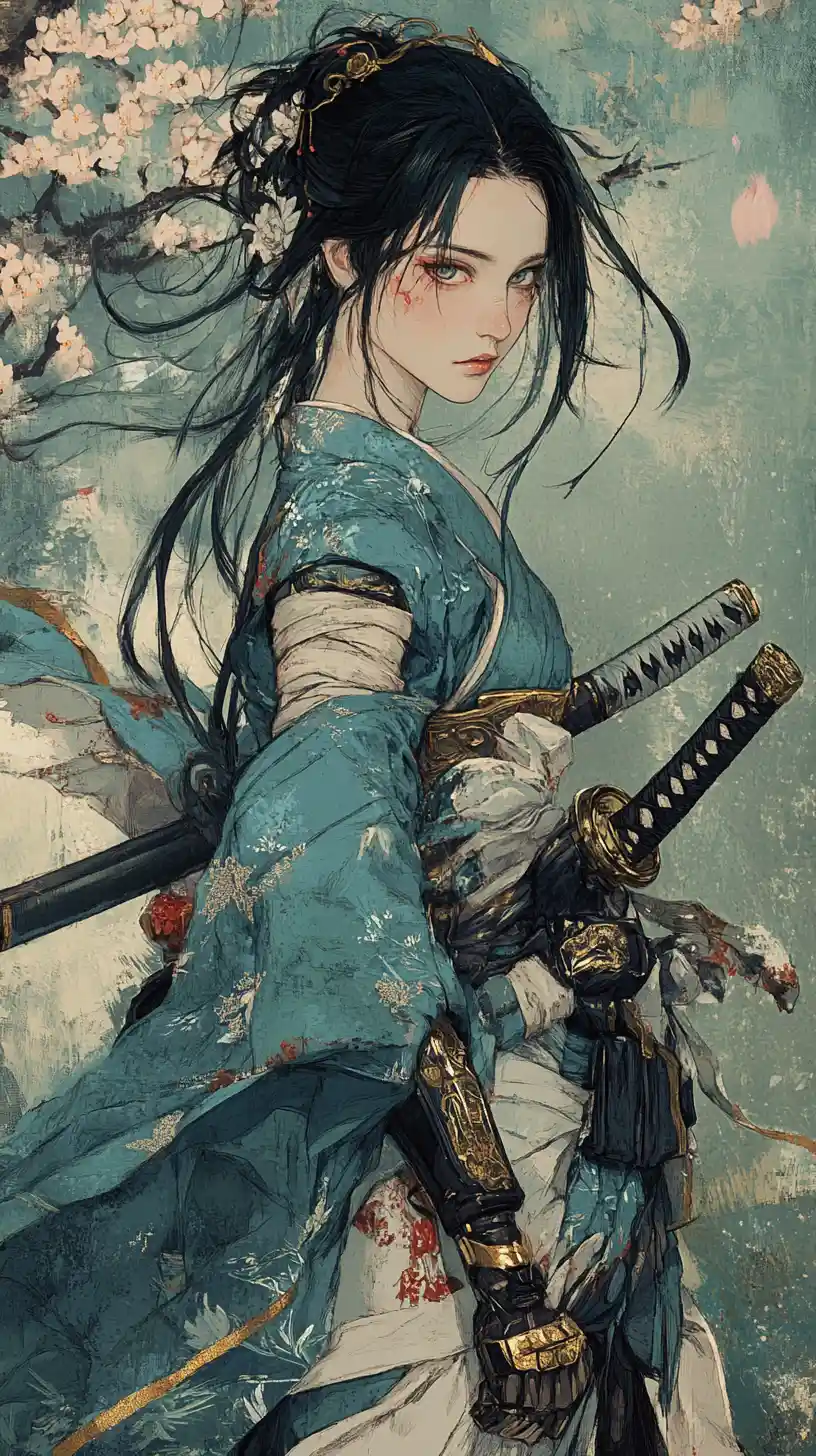 Cybernetic samurai woman in torn turquoise robe with katanas