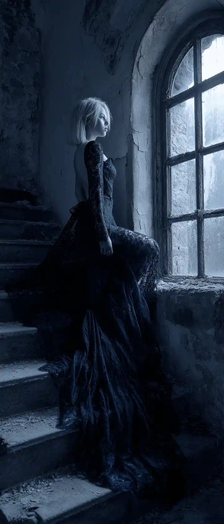 Chica con vestido de encaje negro en una escalera de caracol a la luz de la luna
