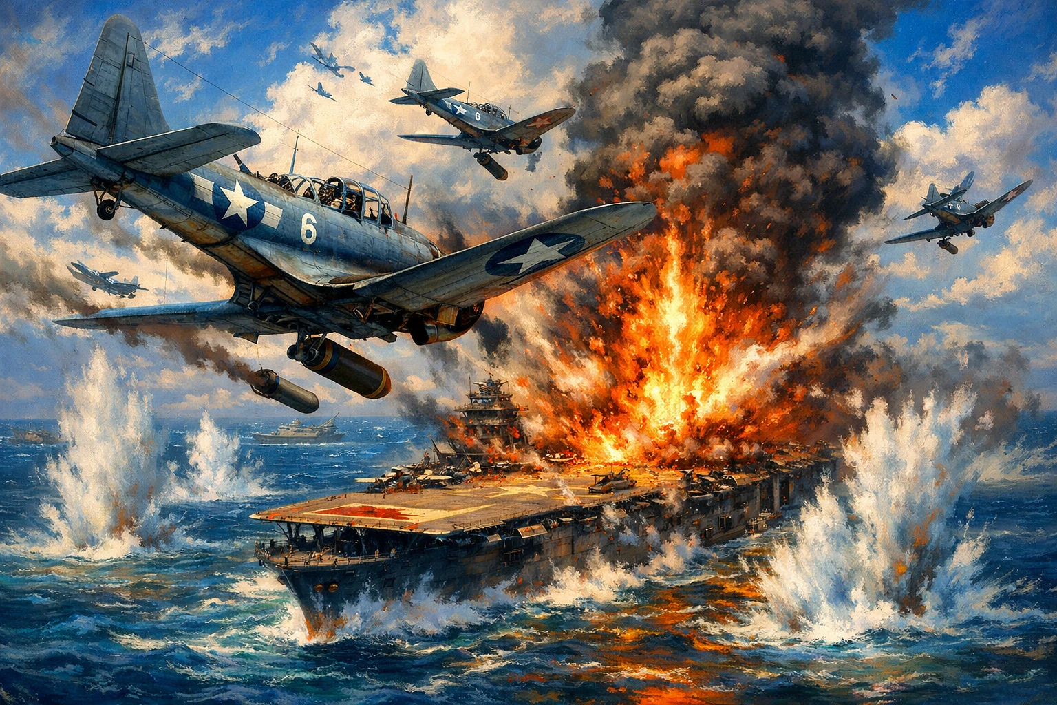 Dive bombers attacking a burning Japanese aircraft carrier