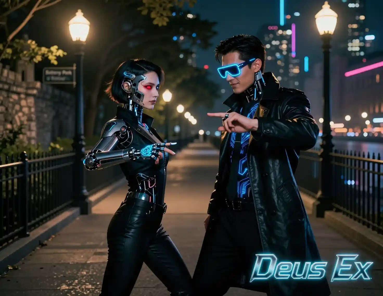 Cyberpunk cyborg duo posing on neon city street
