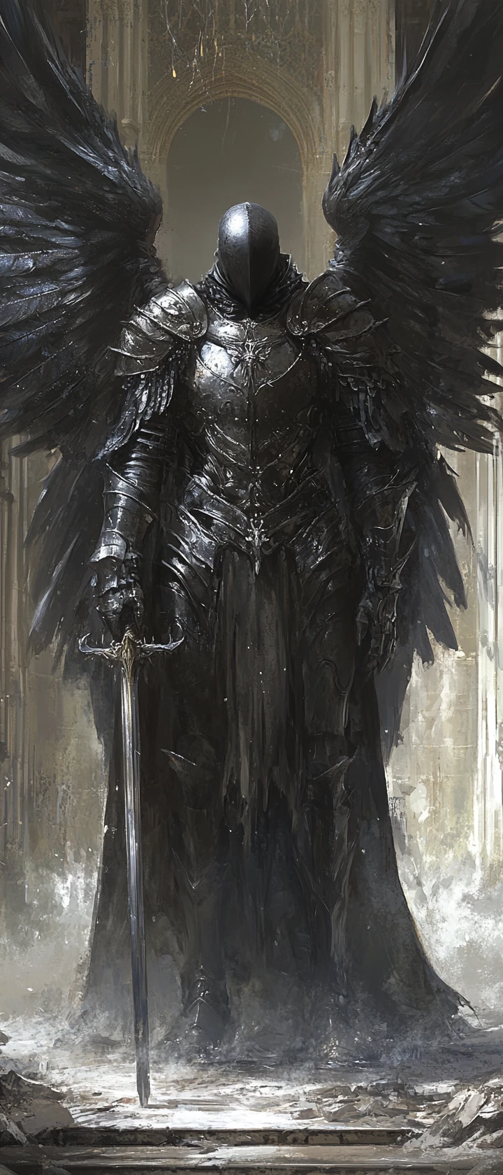 Armored angel of death in a ruined gothic cathedral
