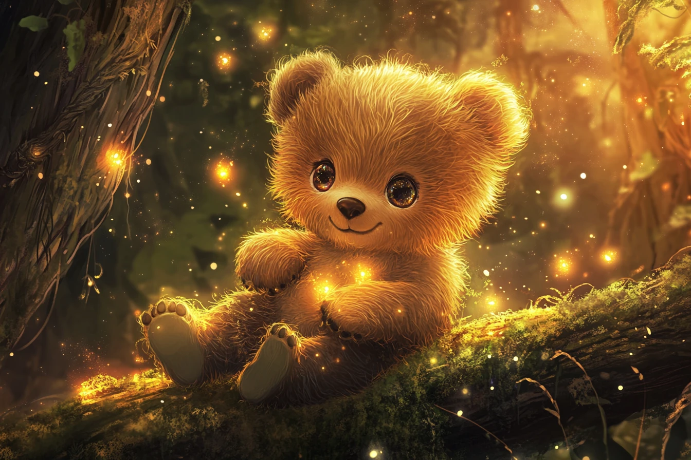 Cute baby bear on glowing log in enchanted forest