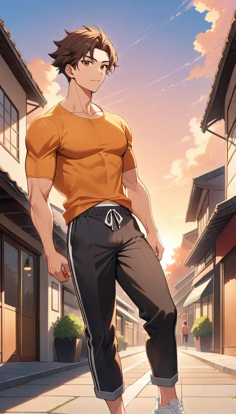 Confident anime man standing outdoors at warm sunset