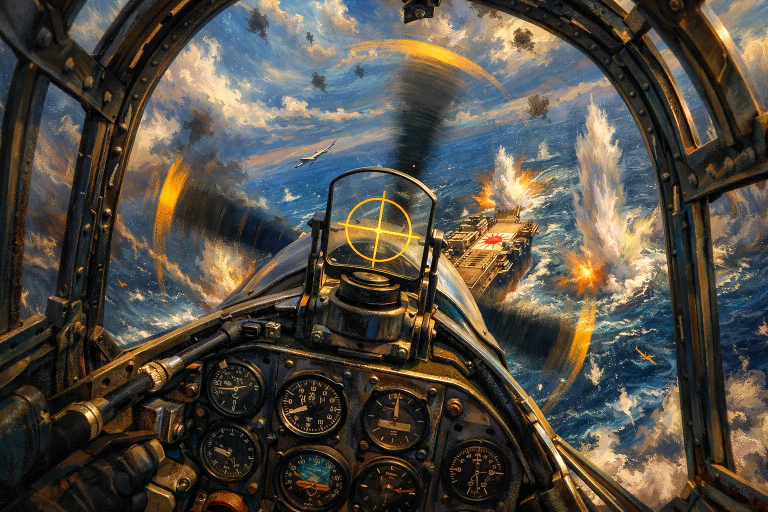 Dauntless-Cockpit im Sturzflug auf einen japanischen Flugzeugträger