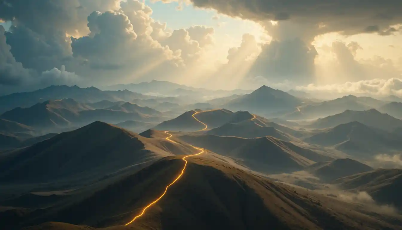 Paisaje épico aéreo con brillantes líneas doradas de luz