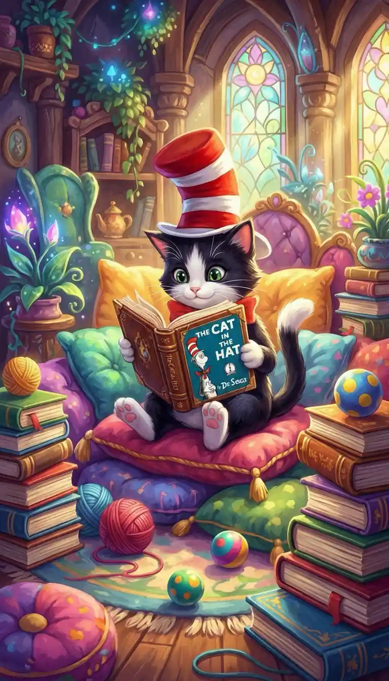 Cute cat in striped top hat reading a storybook