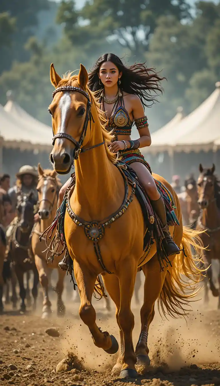 Indigenous woman racing on a powerful horse in motion