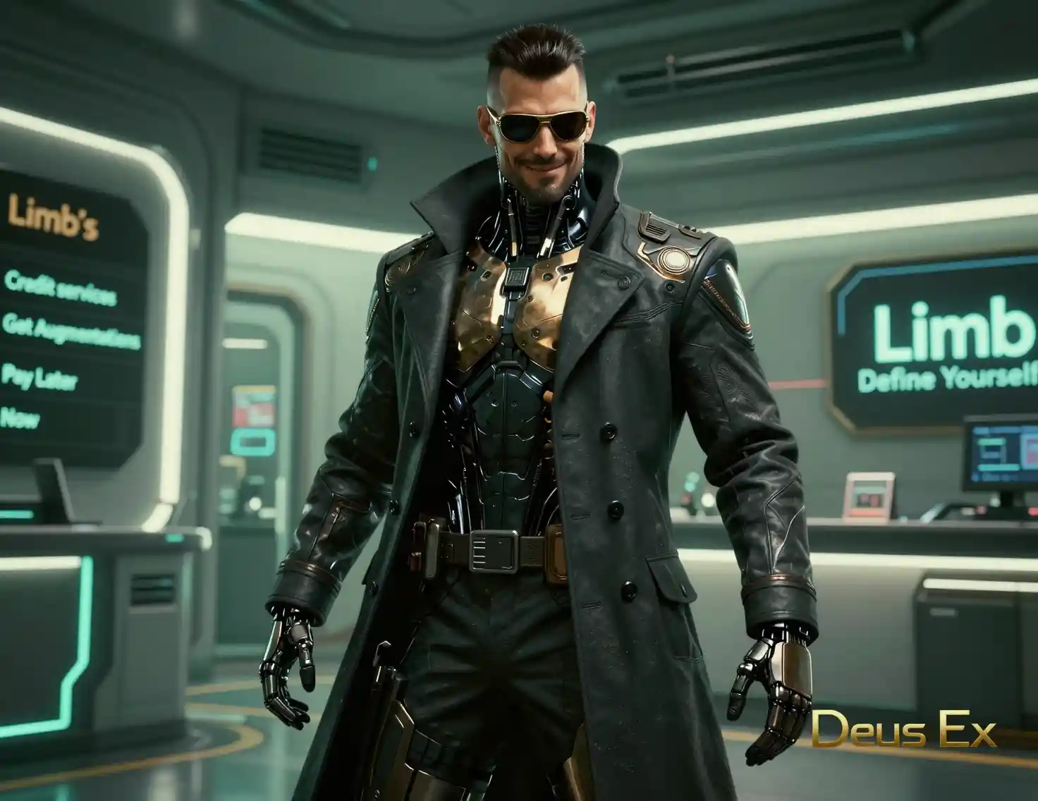 Augmented detective in a futuristic clinic lobby scene
