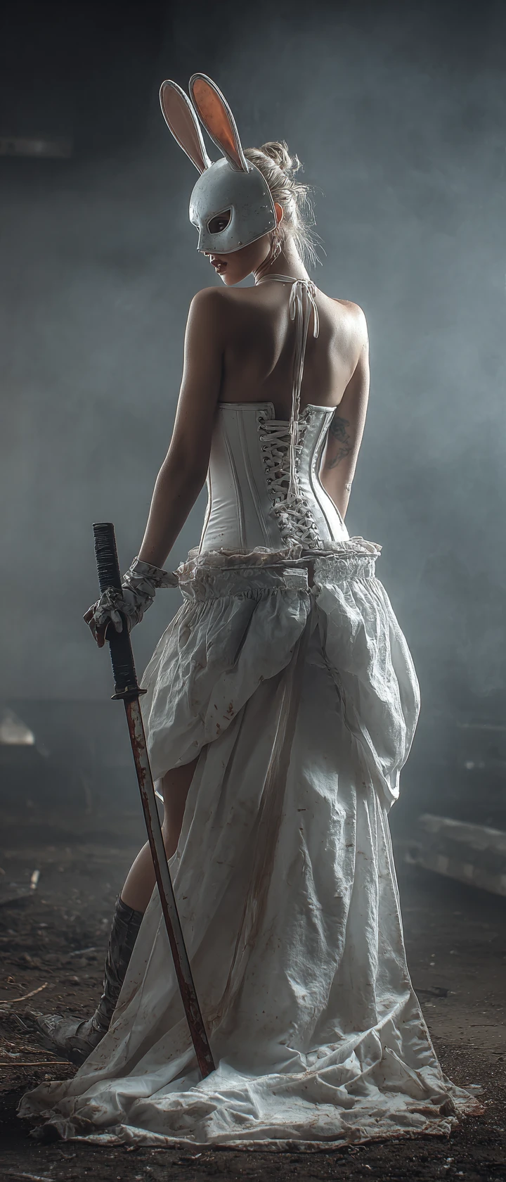 Retrofuturistic heroine in white corset with rabbit mask