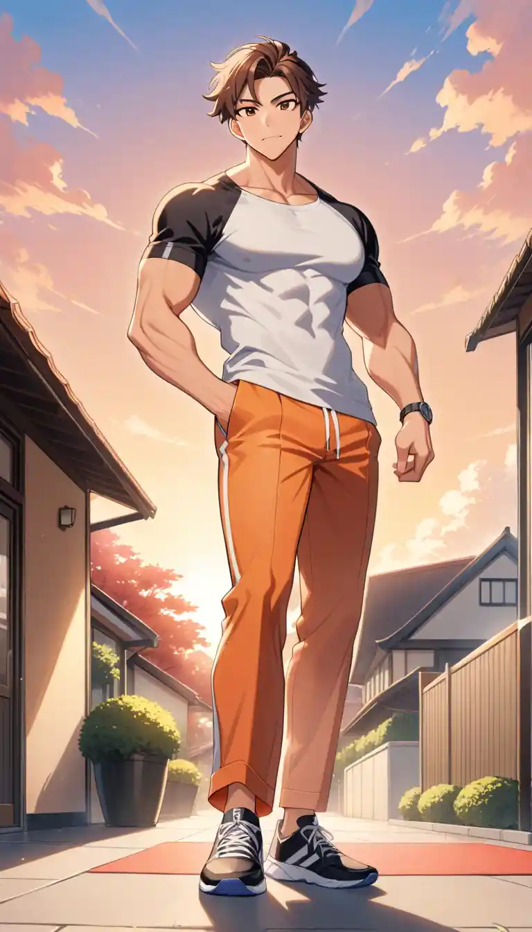 Confident athletic young man at sunset in anime style