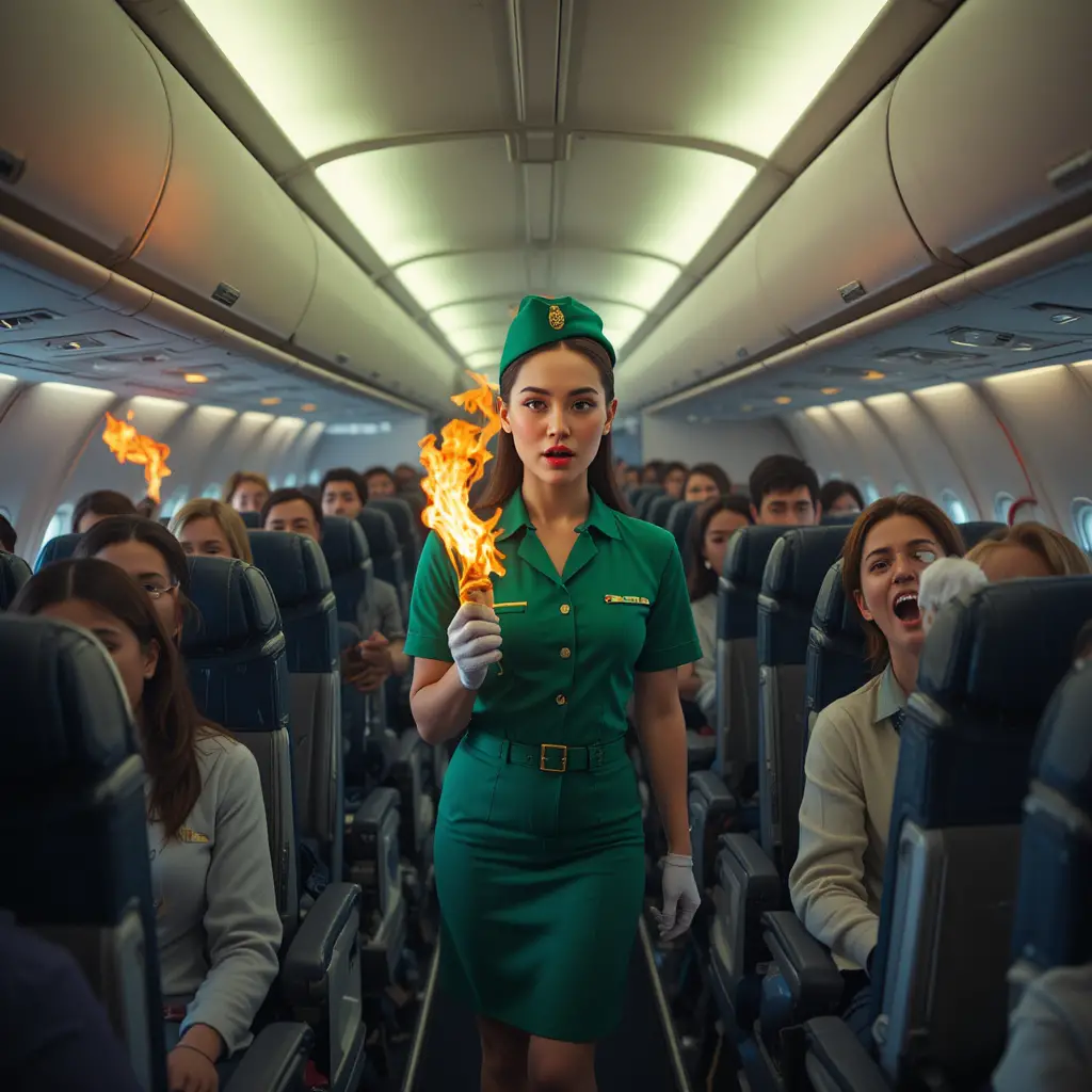 Flight attendant holding fire in a shocked airplane cabin