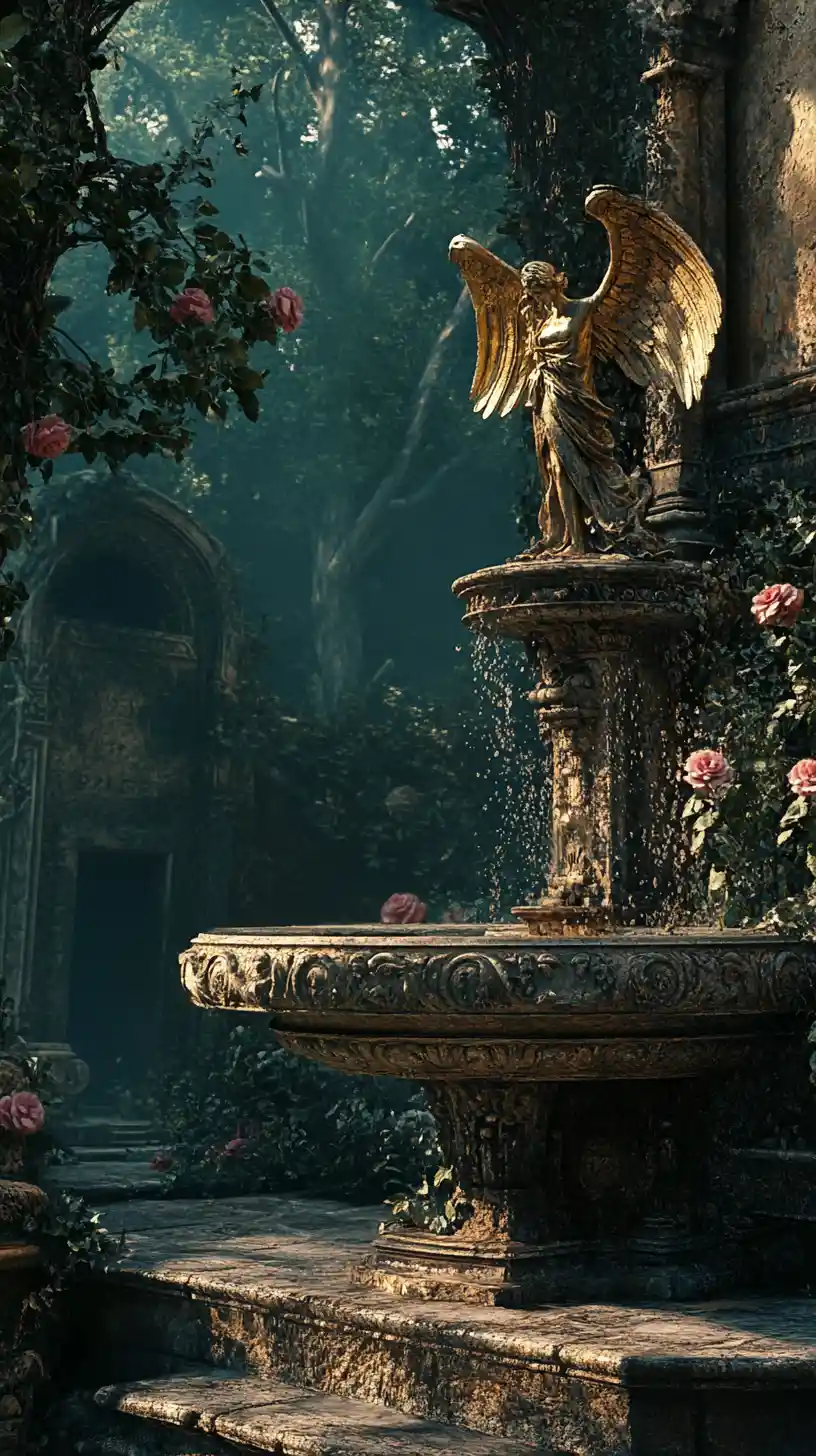 Ornate stone fountain and angel amid roses and graveyard
