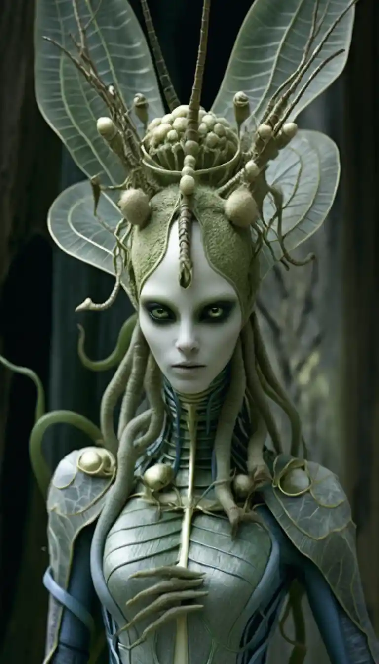 Alien fae woman with insectoid crown in dark green portrait