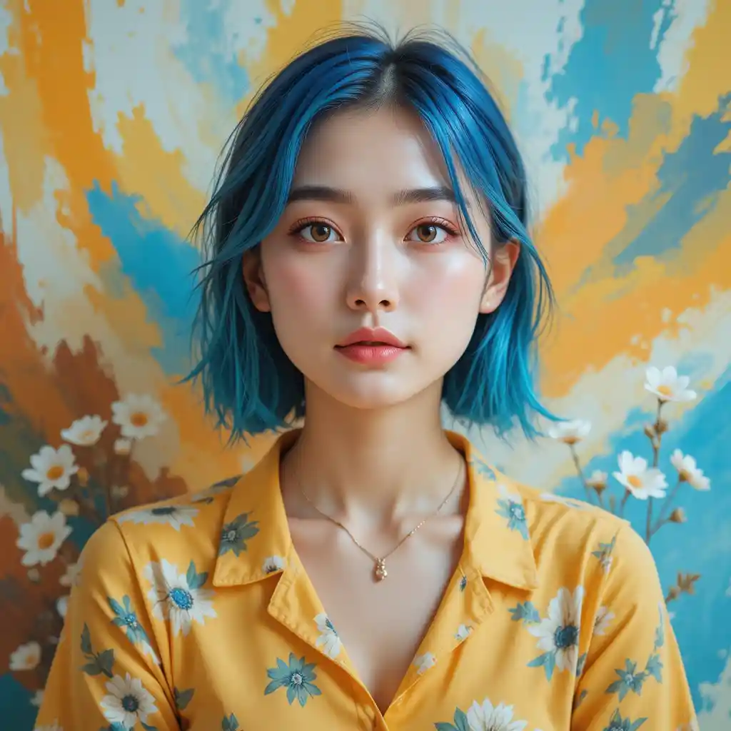 Young woman with blue hair in colorful floral portrait