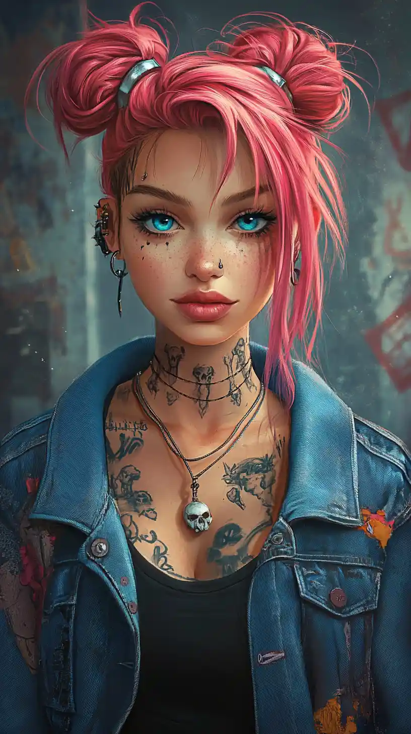Pink haired punk goth girl with tattoos in cemetery