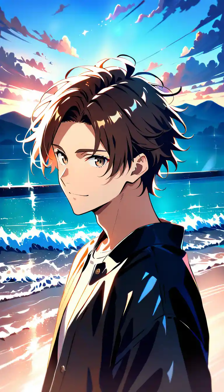 Homem de anime confiante em pé ao ar livre no pôr do sol quente