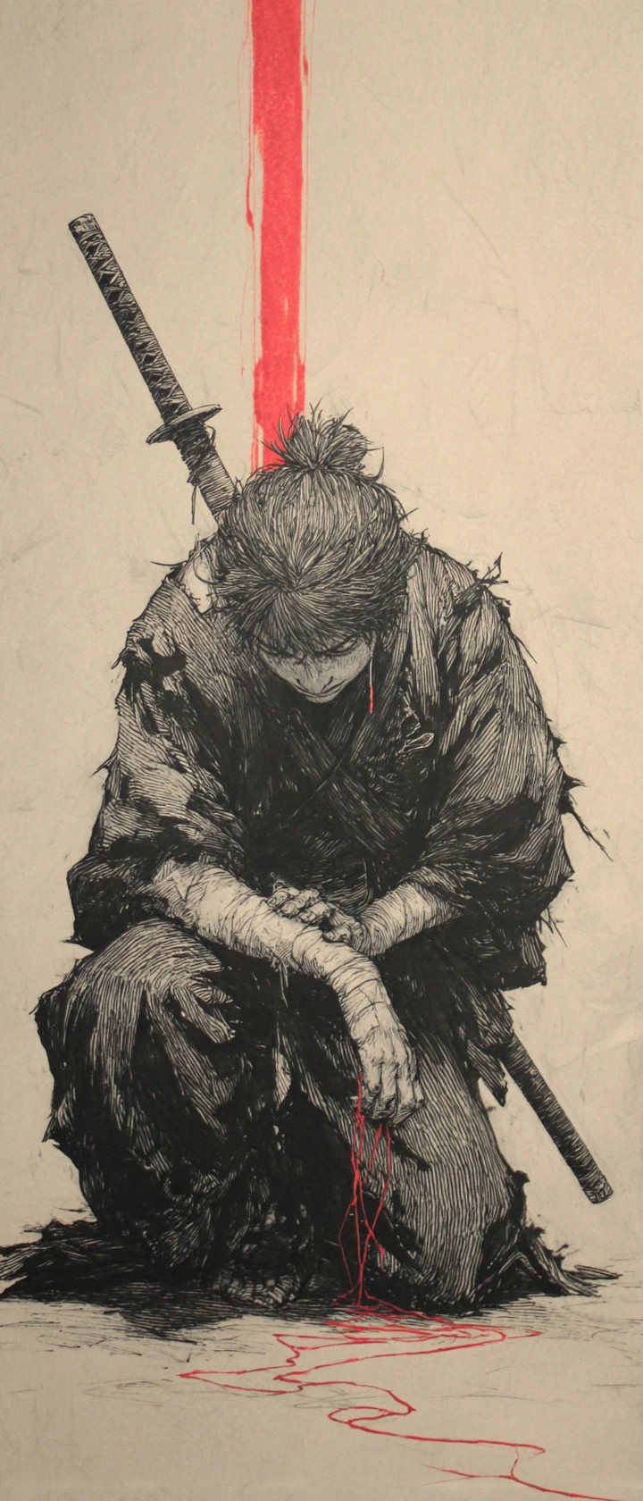 Kneeling samurai at crossed katana with glowing red fate thread