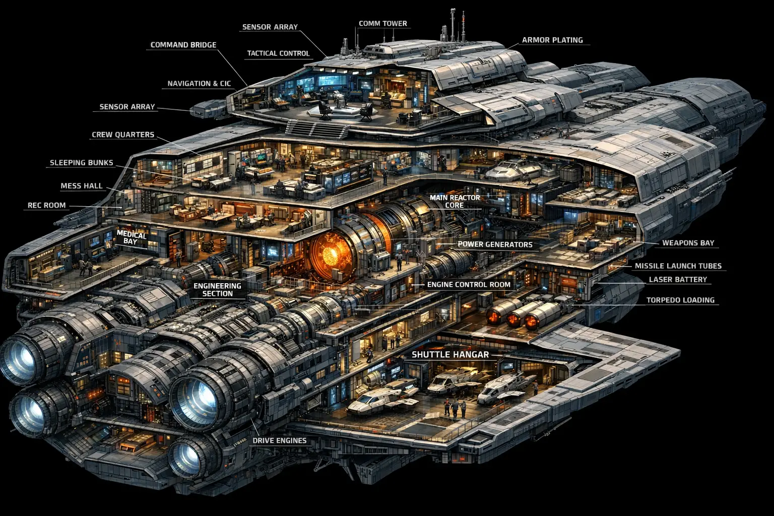Detailed 3D cutaway diagram of a massive futuristic spaceship
