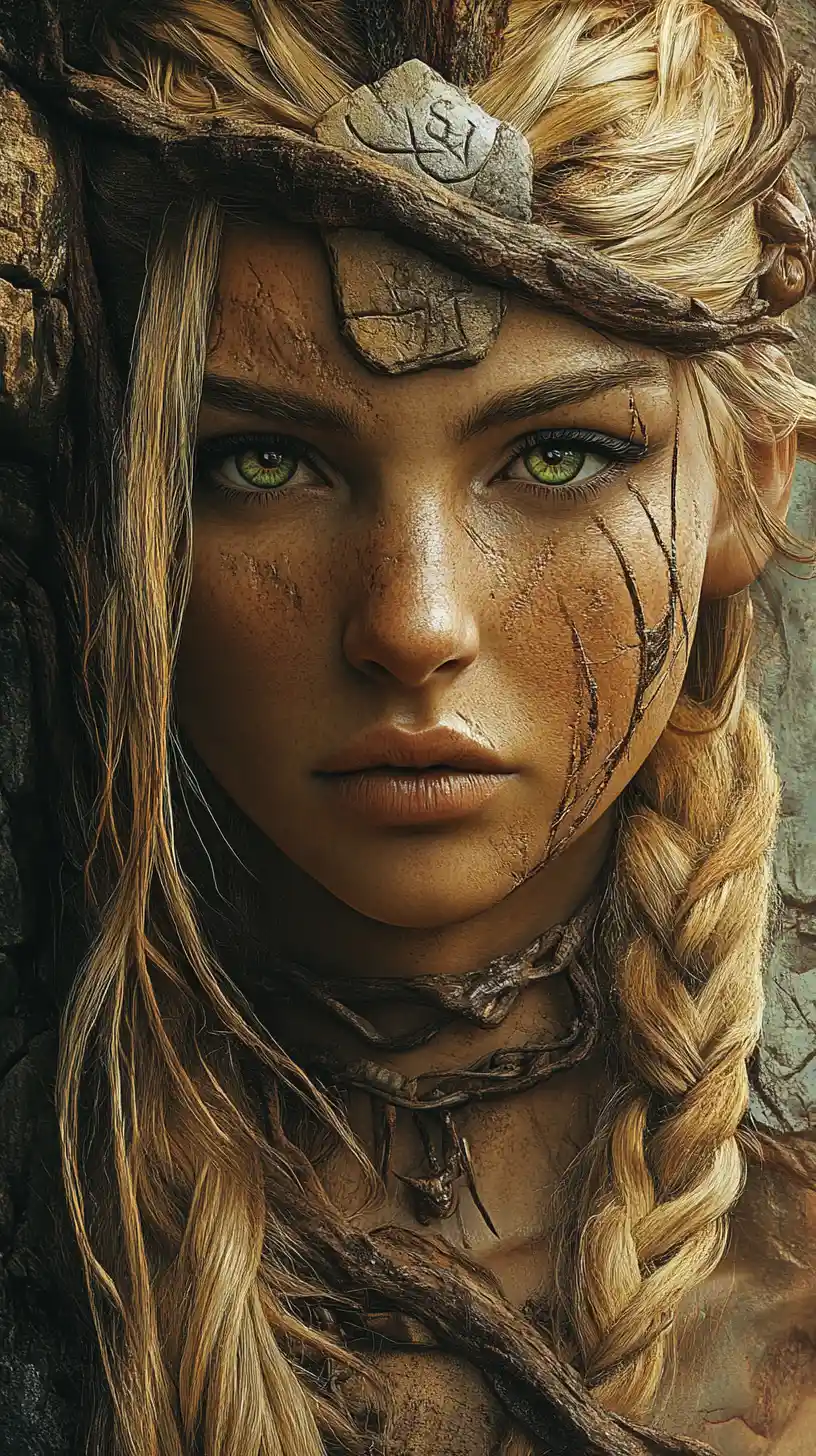 Stone huntress with green eyes in ancient fantasy world