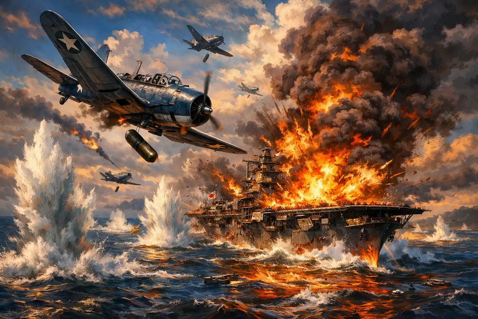 Sturzkampfbomber greifen einen japanischen Flugzeugträger in einem feurigen Gefecht an