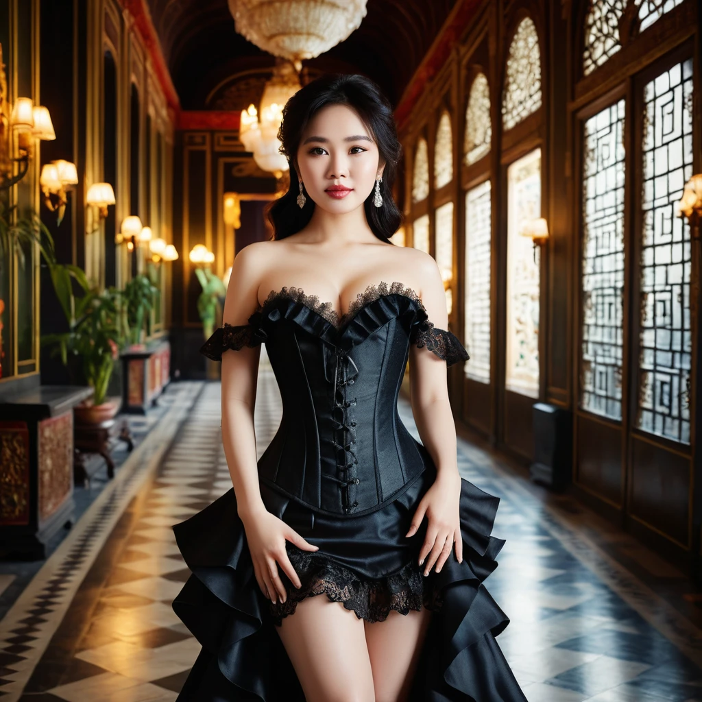 Vietnamesische Frau im Korsettkleid in einem von Kerzen erleuchteten Palastflur