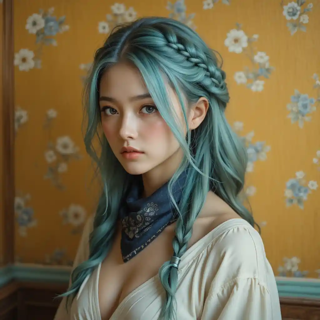 Dreamy teal haired girl in soft vintage bust portrait